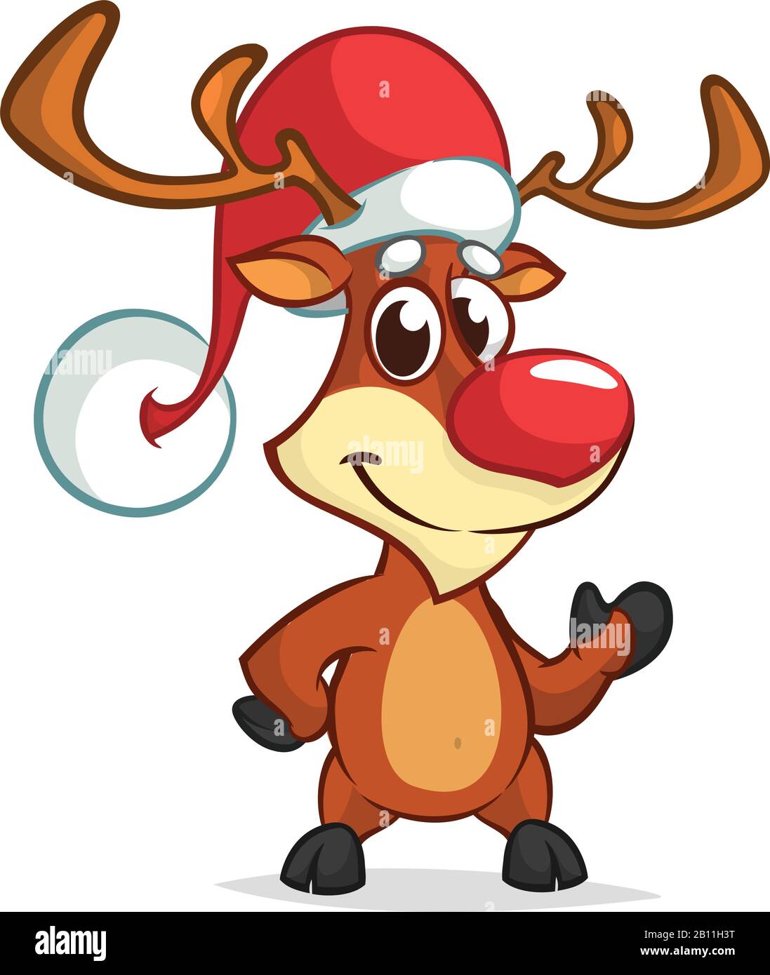 Christmas reindeer in Santa Claus hat and jingle bells collar pointing ...