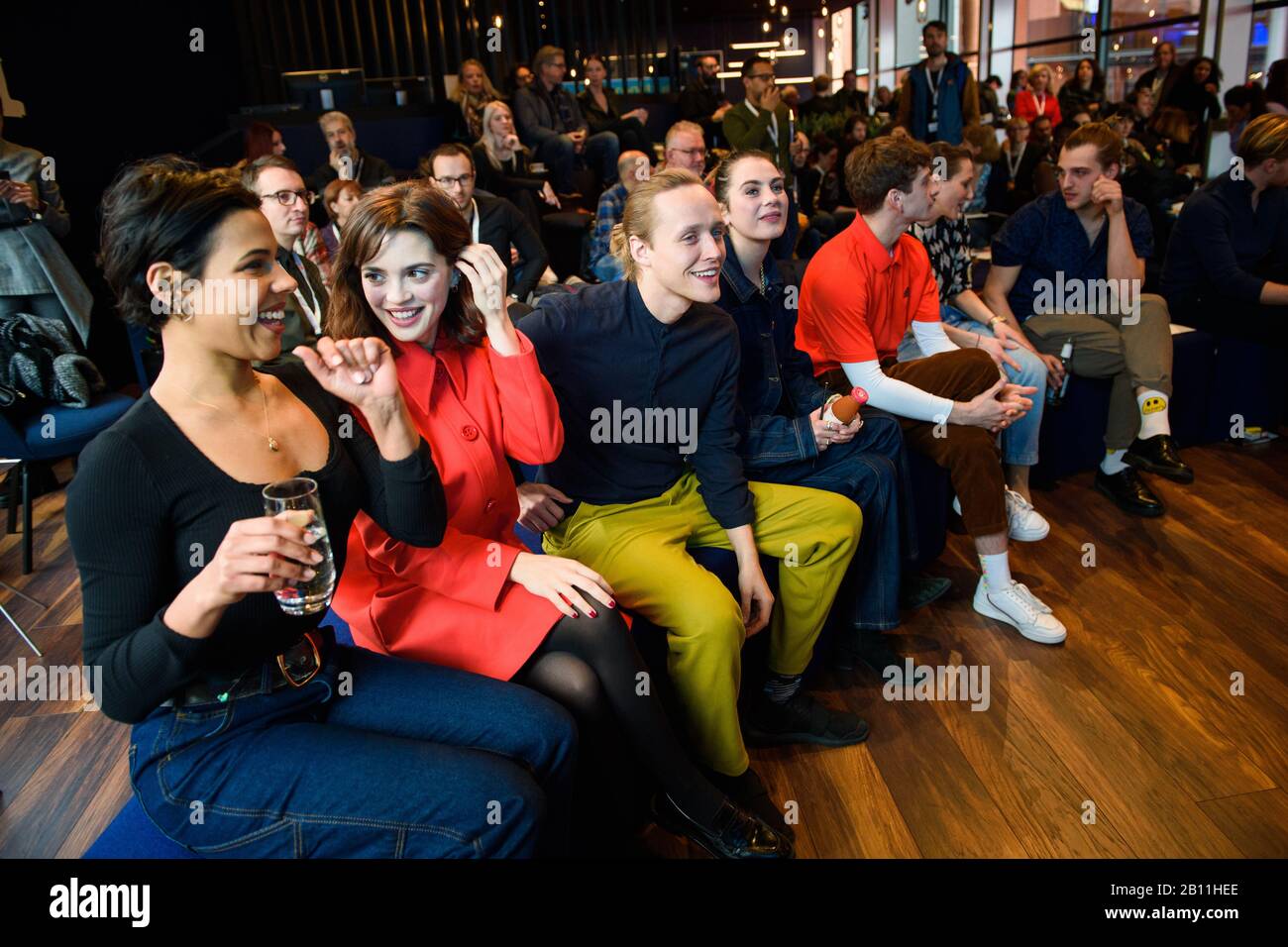 Berlin, Germany. 22nd Feb, 2020. 70th Berlinale, Shooting Stars - Press conference: The actors Zita Hanrot (l-r), Joana Ribeiro, Bartosz Bielenia, Victoria Carmen Sonne, Levan Gelbakhiani, Martina Apostolova and Jonas Dassler. The International Film Festival takes place from 20.02. to 01.03.2020. Credit: Gregor Fischer/dpa/Alamy Live News Stock Photo