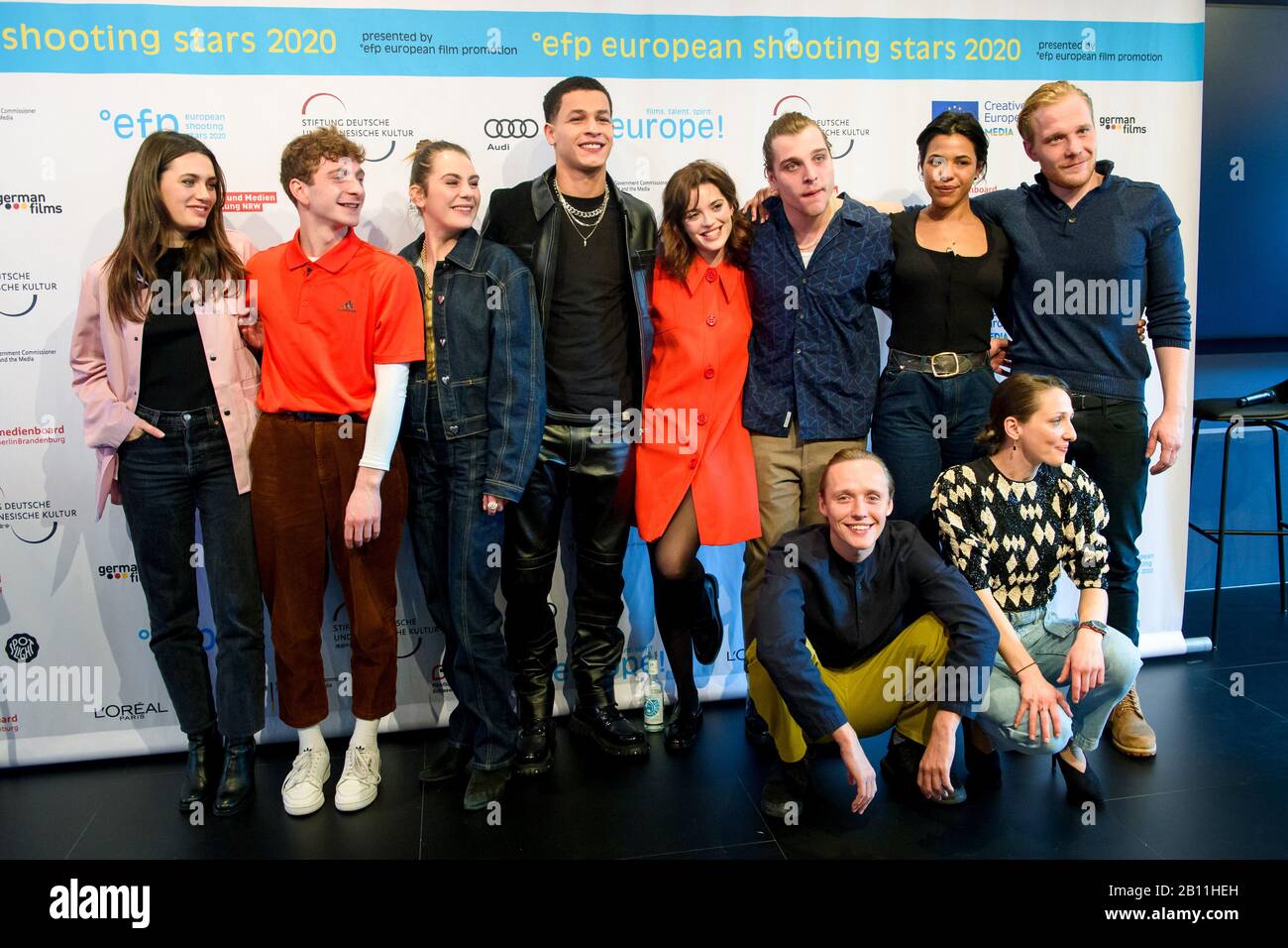 Berlin, Germany. 22nd Feb, 2020. 70th Berlinale, Shooting Stars - Press conference: The actors Ella Rumpf (l-r), Levan Gelbakhiani, Victoria Carmen Sonne, Bilal Wahib, Joana Ribeiro, Jonas Dassler, Bartosz Bielenia, Zita Hanrot, Martina Apostolova and Pääru Oja. The International Film Festival takes place from 20.02. to 01.03.2020. Credit: Gregor Fischer/dpa/Alamy Live News Stock Photo