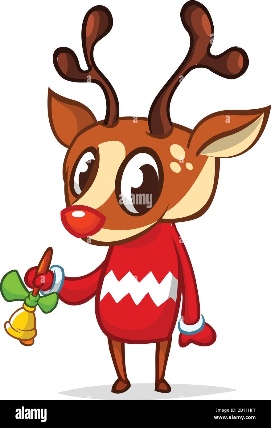 Christmas reindeer in Santa Claus hat ringing a bell. Vector ...