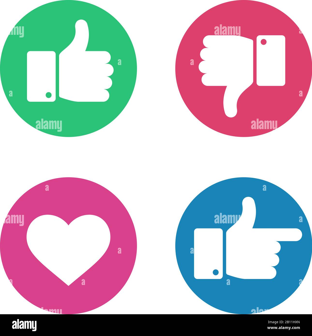 Thumbs up down sign. Point finger and heart icons in red and green circle. Social media love user reaction vector isolated buttons Stock Vector