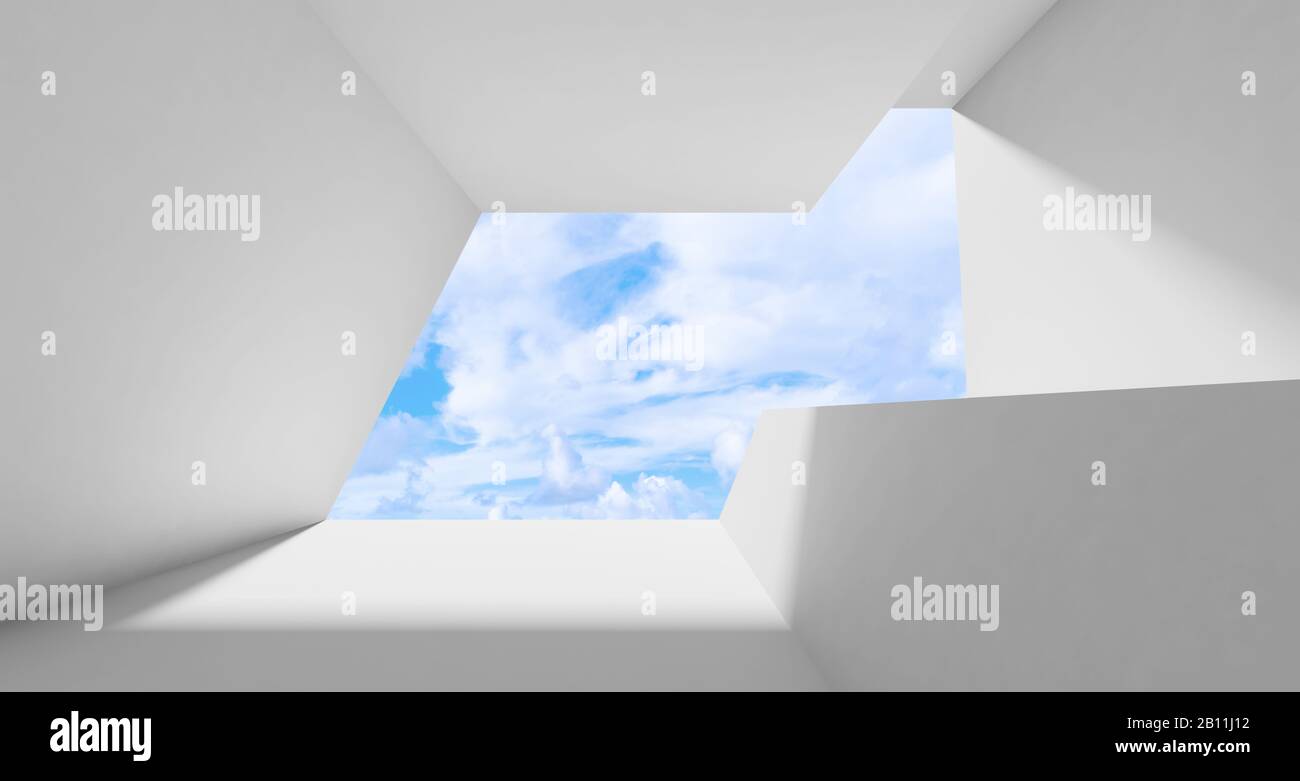 Abstract white interior background, an empty room with sky behind the ...