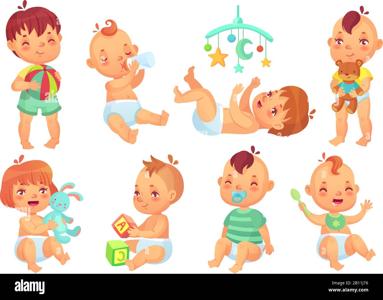 Smiling cartoon baby. Happy cute little kids playing with toys, small infant  with pacifier and newborn children isolated vector set Stock Vector Image &  Art - Alamy