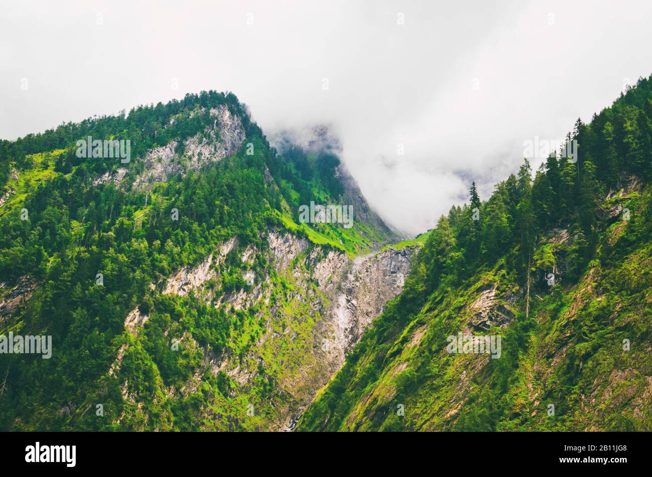 Mountain source coming through high rocks in Alps Stock Photo