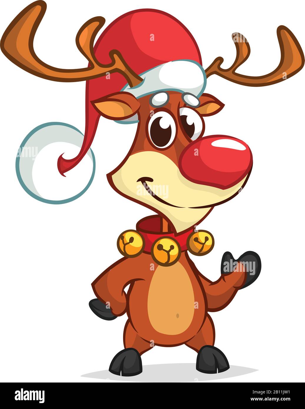 Christmas reindeer in Santa Claus hat and jingle bells collar pointing  hand. Vector illustration isolated Stock Vector Image & Art - Alamy