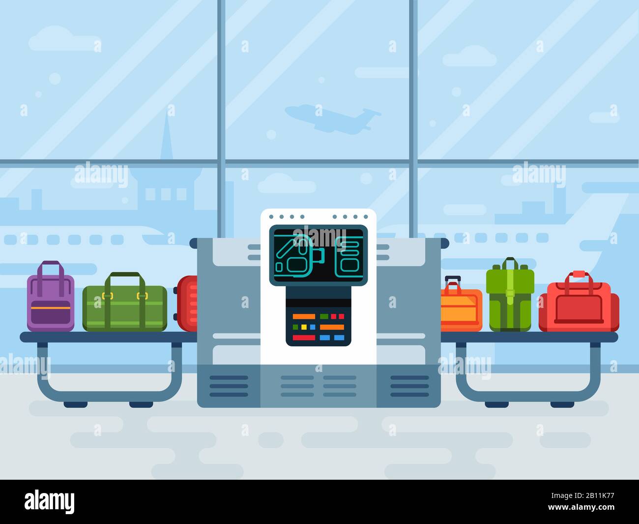 Airport luggage scanner. Police secure belt scanners scan airline