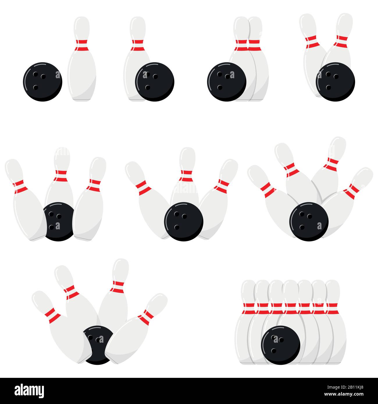Bowling ball and pin in different position vector icon set isolated on