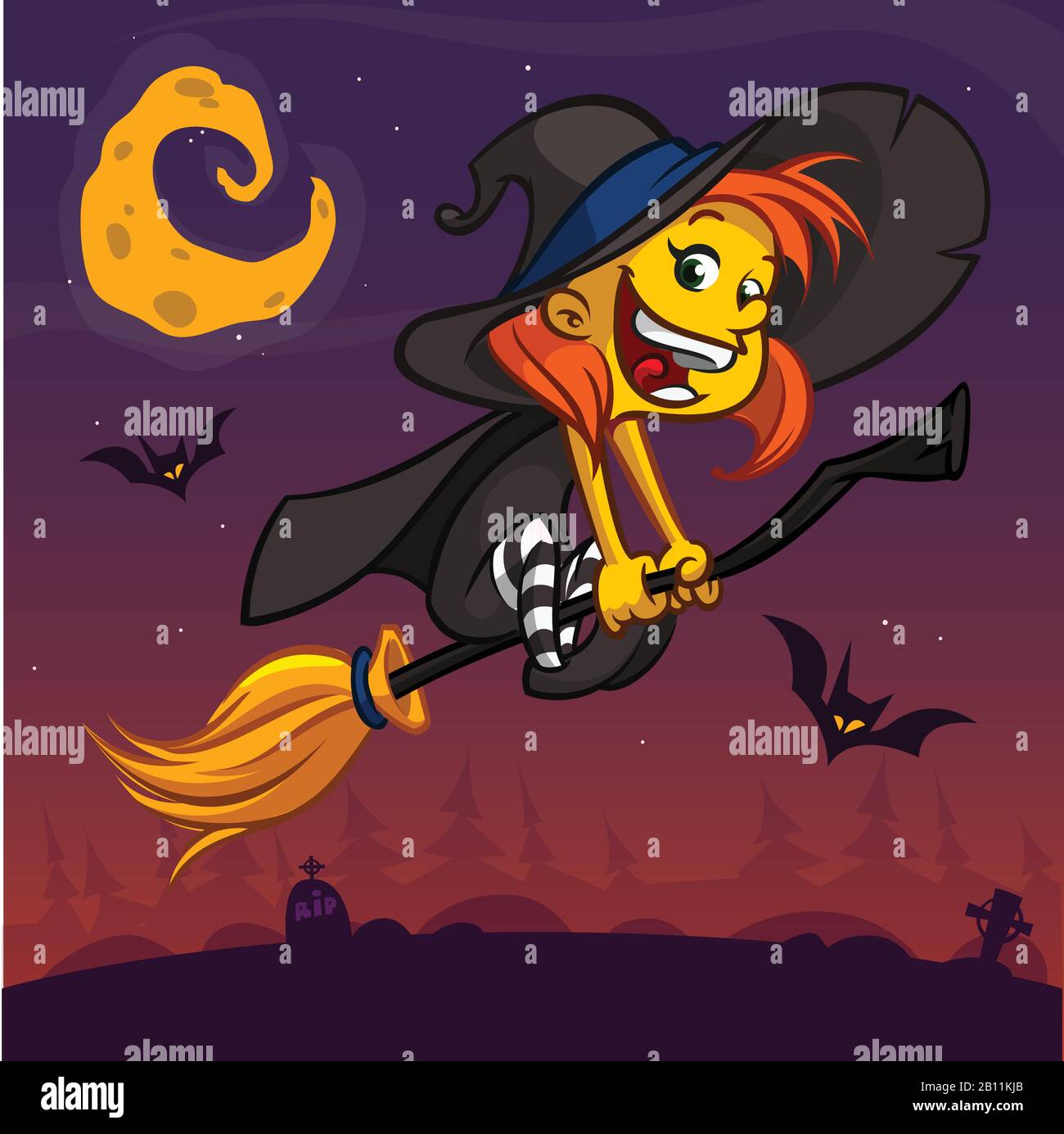 Cartoon Pretty Funny Witch Flying On Her Broom Halloween Vector Illustration Isolated On Night Background With Cemetery And Full Moon Children Book Stock Vector Image Art Alamy