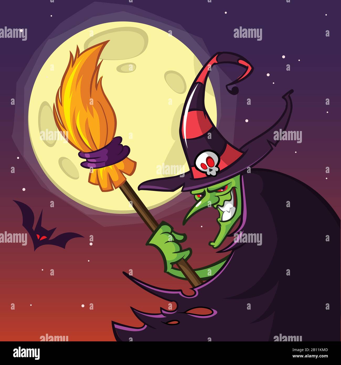 Cartoon witch with a broom. Halloween vector illustration isolated on ...