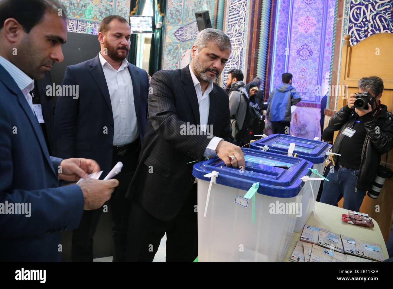 Tehran, IRAN. 21st Feb, 2020. Tehran's Prosecutor-General, ALI ALGHASI MEHR, is seen during parliamentary election at Hosseiniyeh Ershad polling station in northern Tehran, Iran. Conservatives are expected to dominate the general election after an economic slump, multiple crises and the disqualification of thousands of candidates. Voters formed long lines at polling stations in south Tehran, where conservatives have a solid support base, but far fewer were seen waiting to vote in upmarket northern neighborhoods. Credit: Rouzbeh Fouladi/ZUMA Wire/Alamy Live News Stock Photo