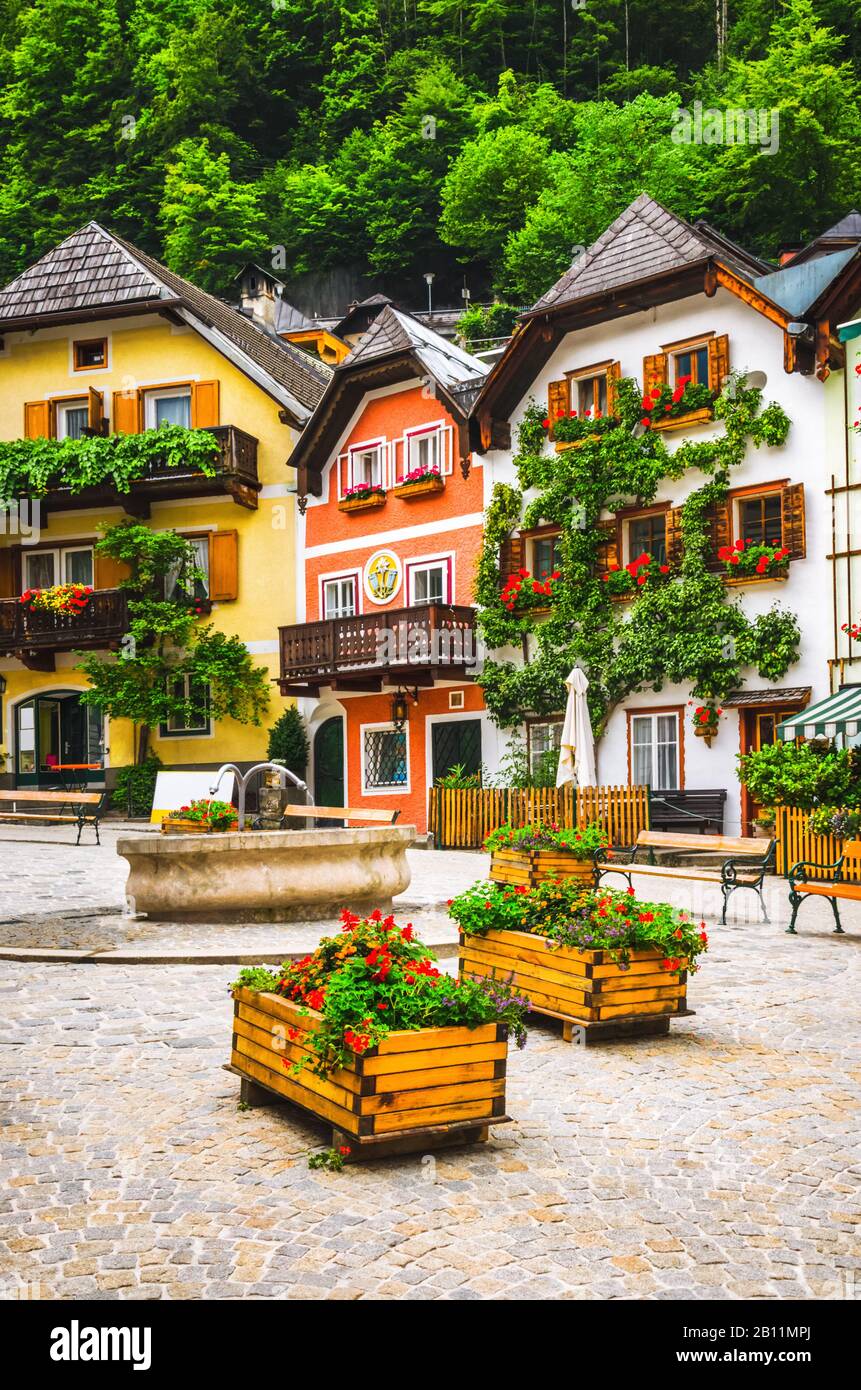 Street with nice austrian village houses Stock Photo Alamy