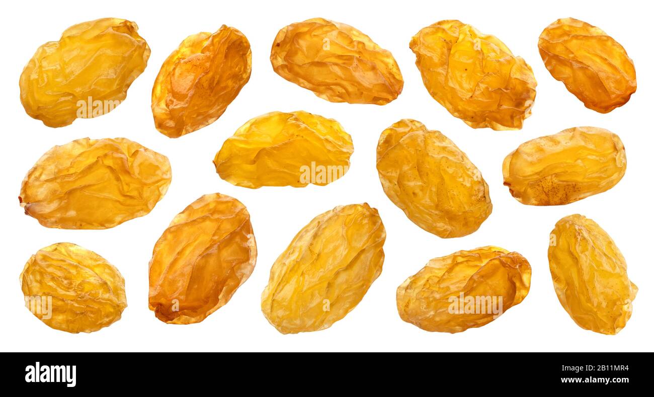 Yellow raisins isolated on white background with clipping path, close up Stock Photo
