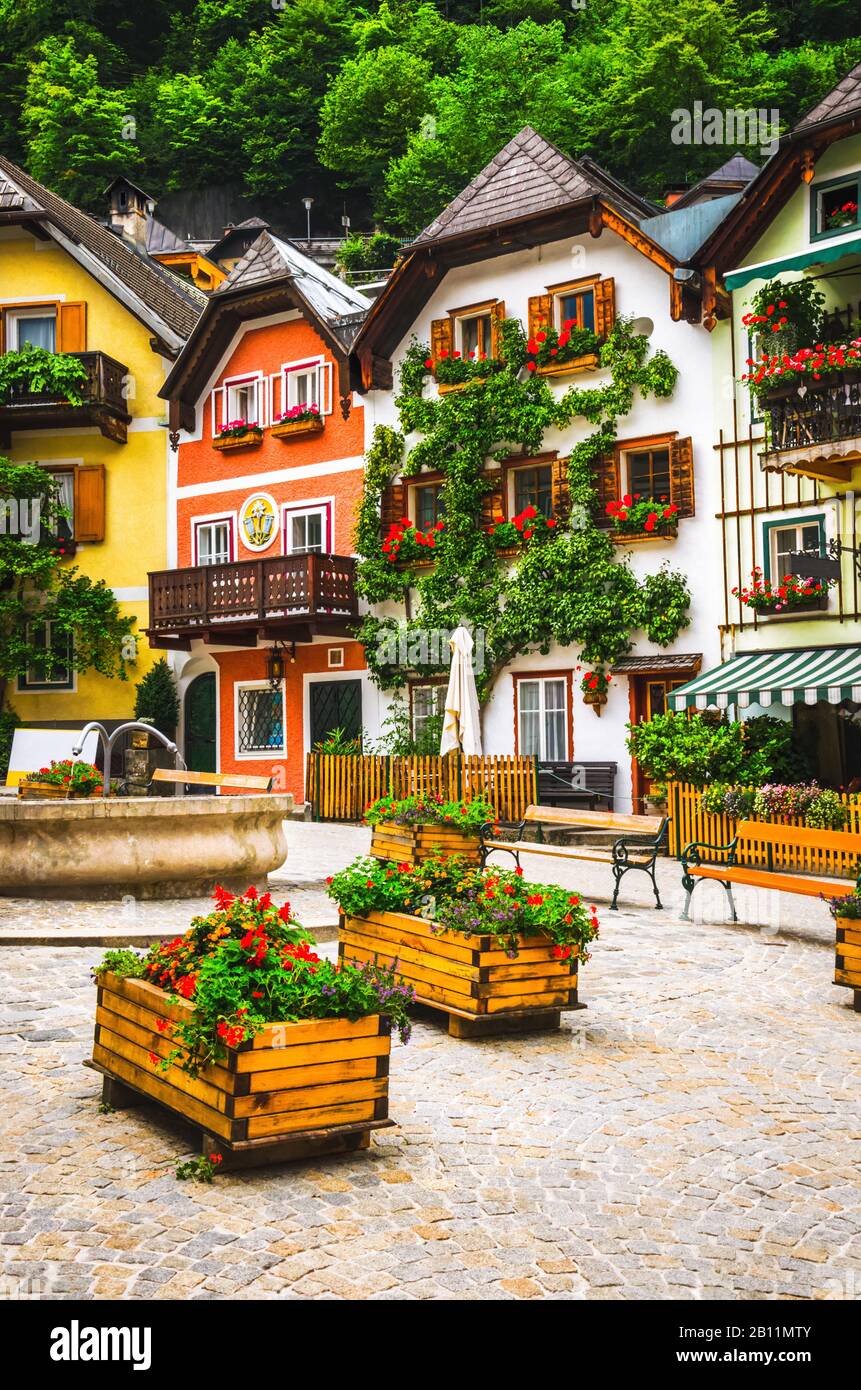 Typical austrian village with beautiful houses. Postcard image Stock Photo