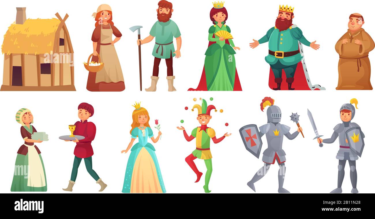 Medieval historical characters. Historic royal court alcazar knights, medieval peasant and king isolated cartoon vector character Stock Vector