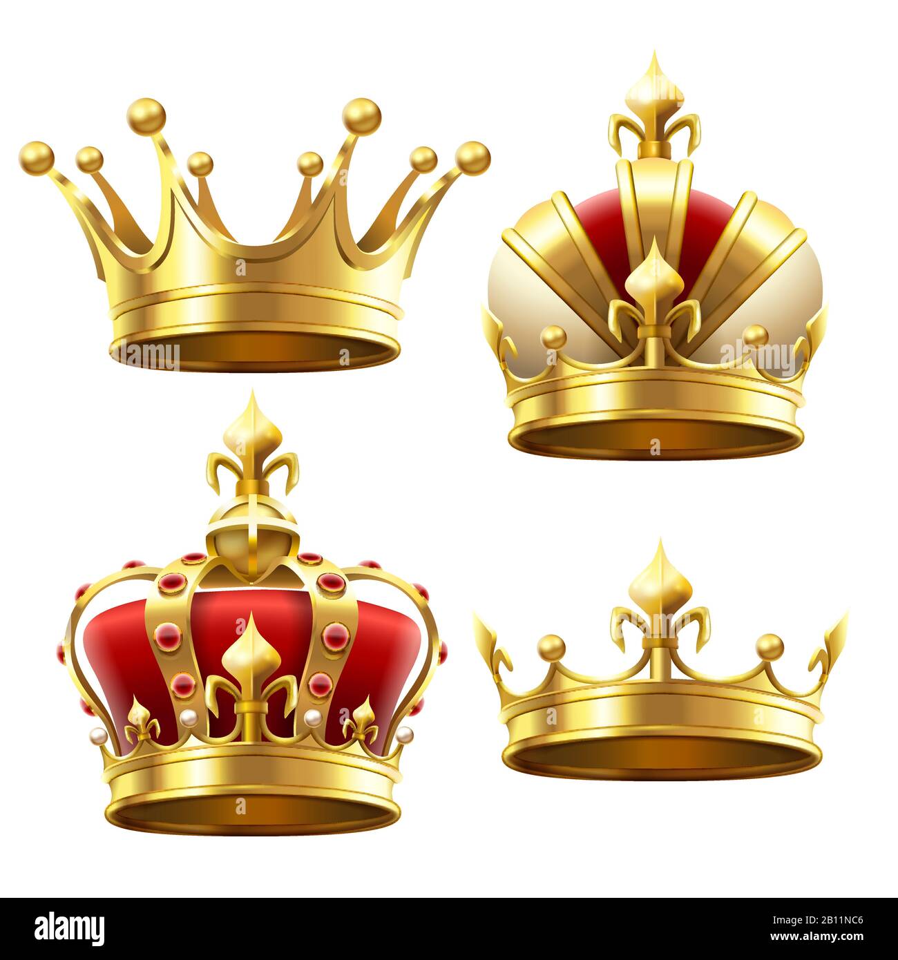 Realistic gold crown. Crowning headdress for king and queen. Royal crowns vector set Stock Vector