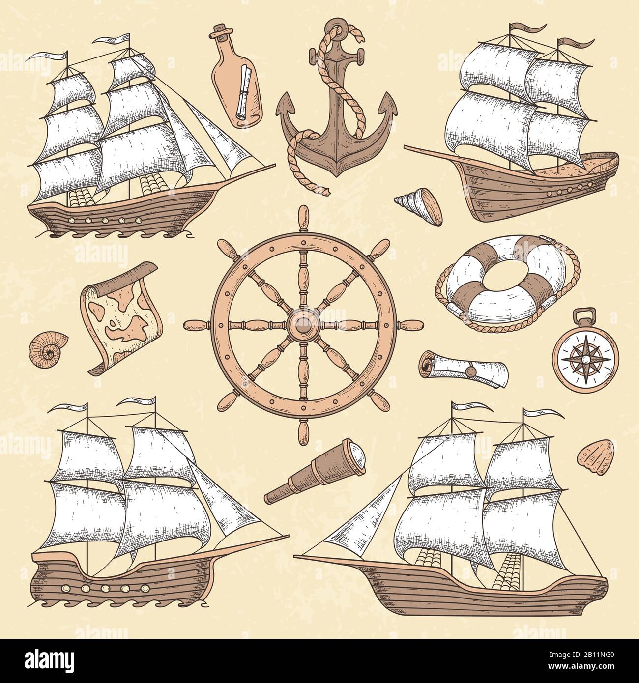 Vintage marine ships. Old cartouche frame, ship anchor and sea wheel with ancient compass. Ocean sailboat retro vector illustration Stock Vector