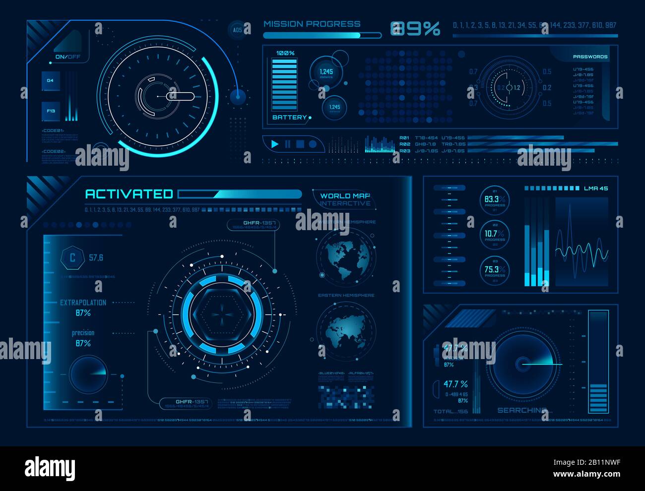 Futuristic hologram ui. Science hud interfaces, graph interface frames and tech regulators or button design elements vector set Stock Vector