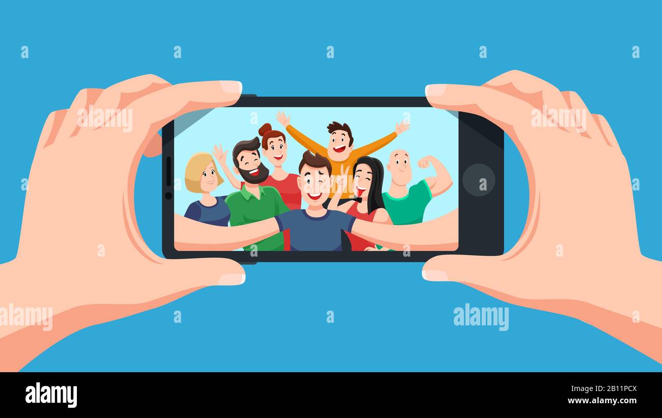 Group selfie on smartphone. Photo portrait of friendly youth team, friends make photos on phone camera cartoon vector illustration Stock Vector