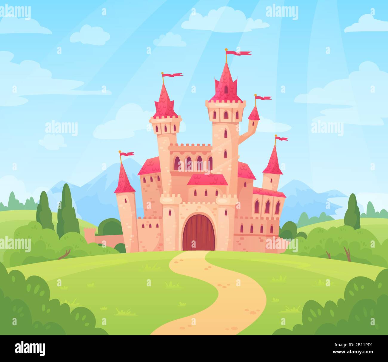 Fairytale landscape with castle. Fantasy palace tower, fantastic fairy house or magic castles kingdom cartoon vector background Stock Vector