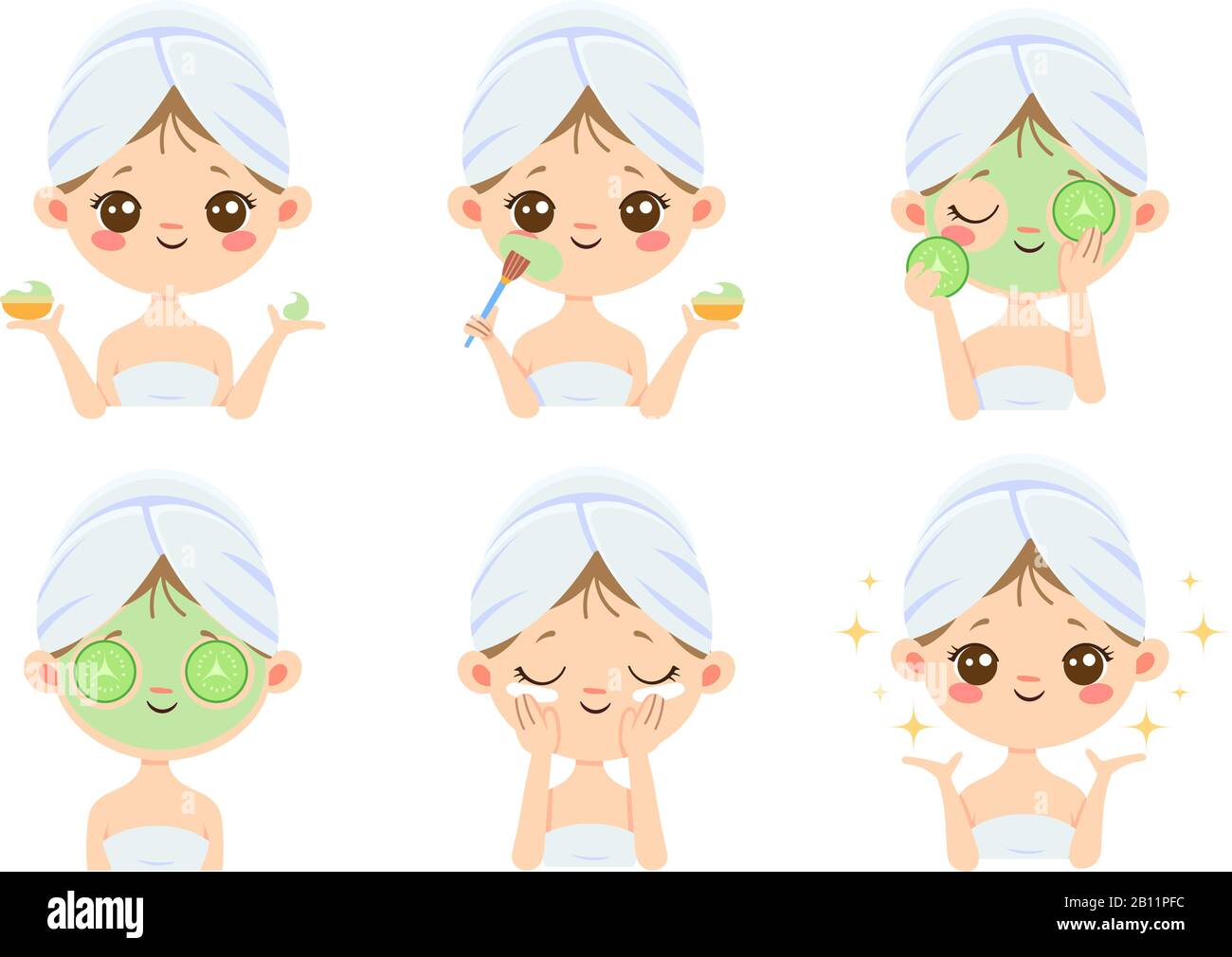 Beauty face mask. Woman skin care, cleaning and face brushing. Acne treatment masks vector cartoon illustration Stock Vector