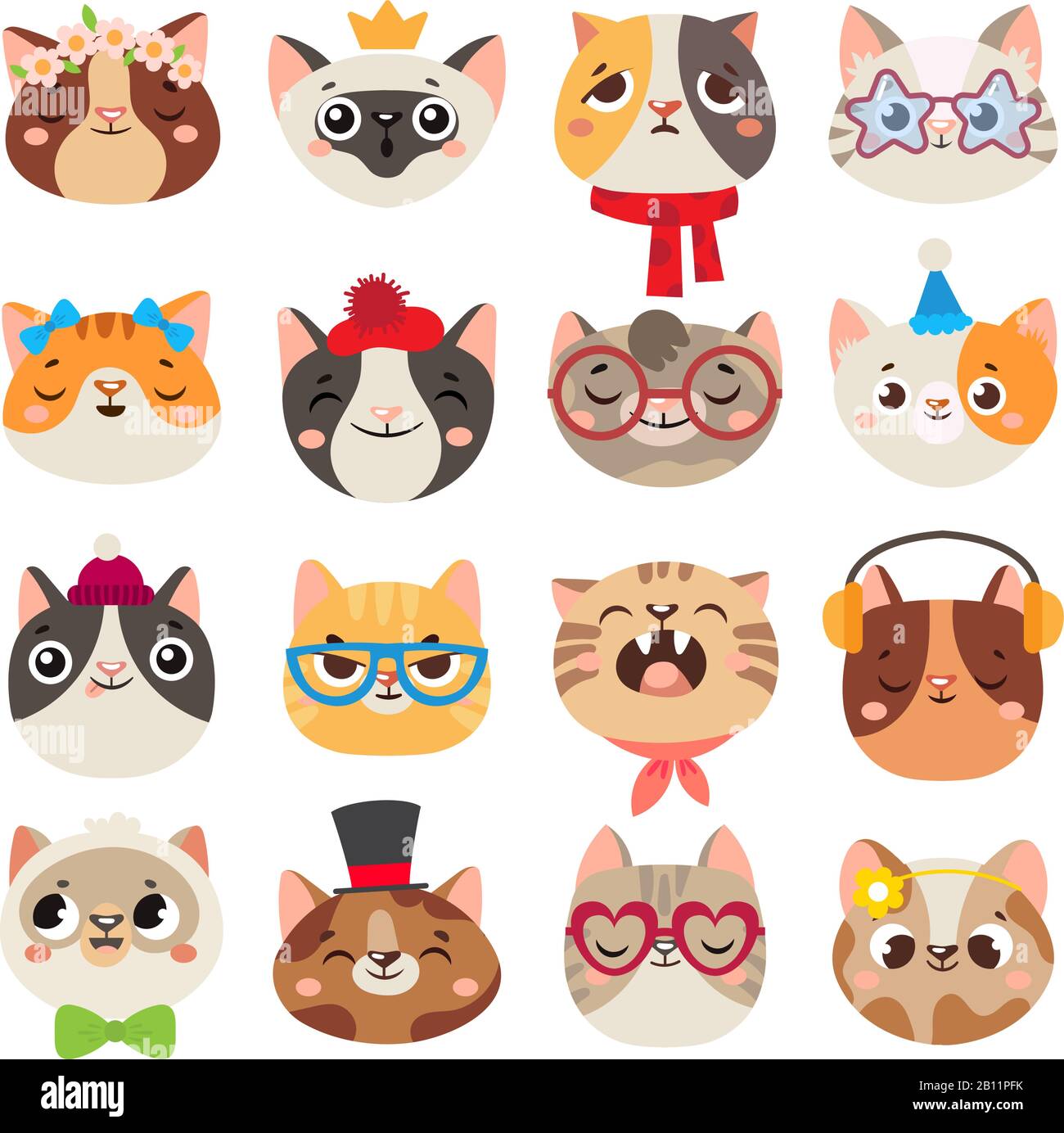 Cute cats heads. Cat muzzle, domestic kitty face wearing hat, scarf and color party glasses isolated cartoon vector set Stock Vector