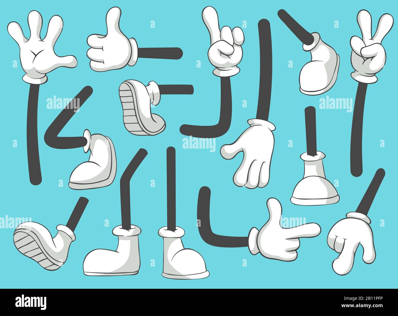 Cartoon legs and hands. Leg in boots and gloved hand, comic feet in shoes. Glove arm vector isolated illustration set Stock Vector