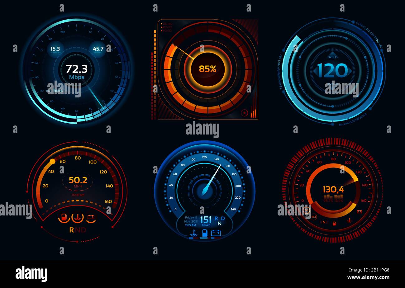 Speedometer indicators. Power meters, fast or slow internet connection speed meter stages vector concept Stock Vector