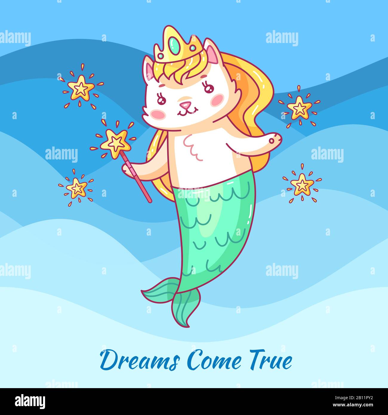 Cute cat mermaid. Cartoon unicorn cat. Dewams come true. Girl motivation vector poster Stock Vector