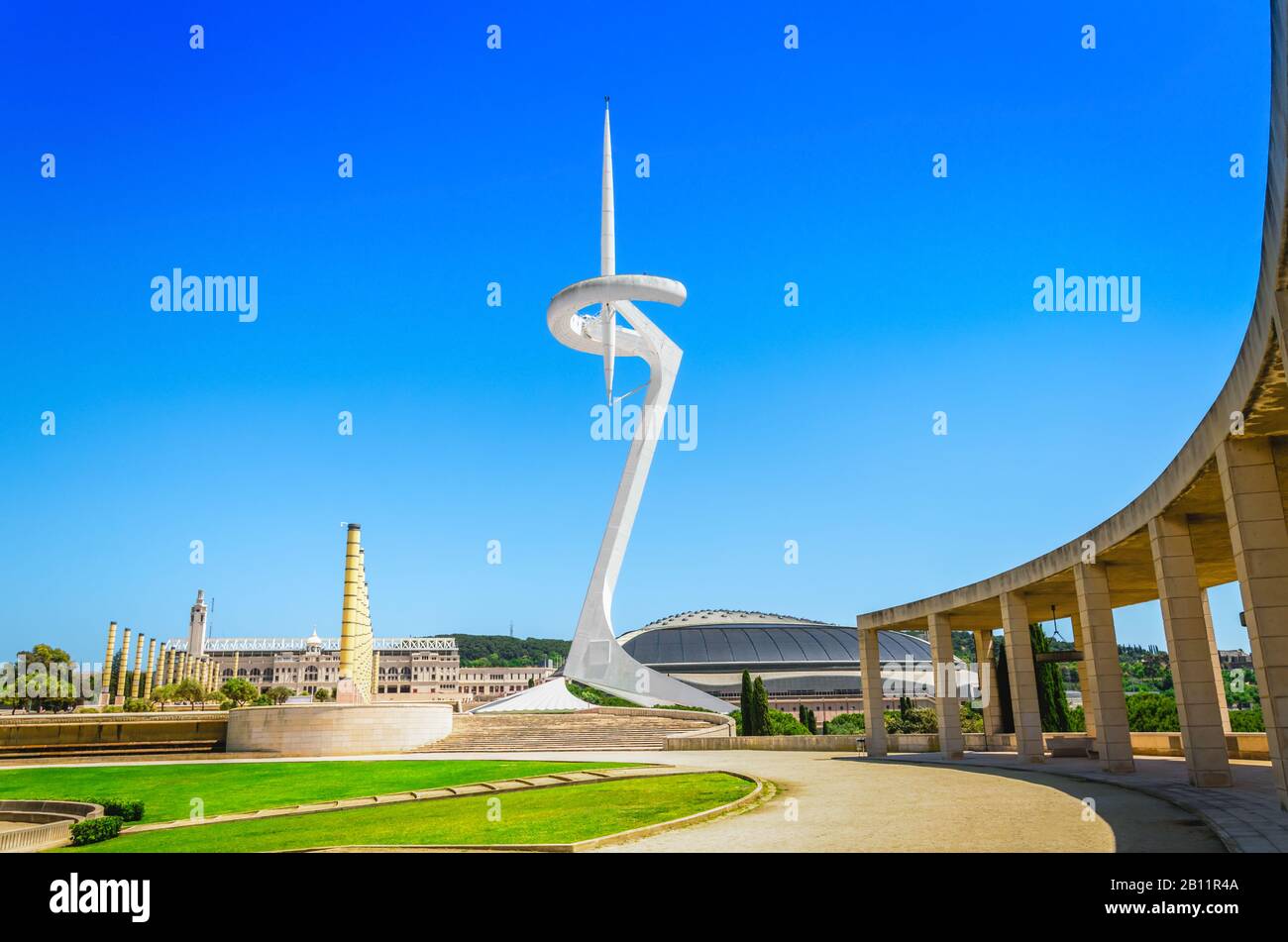 Barcelona Olympic Park at Montjuic with Telefonica tower at summer day with clear sky Stock Photo