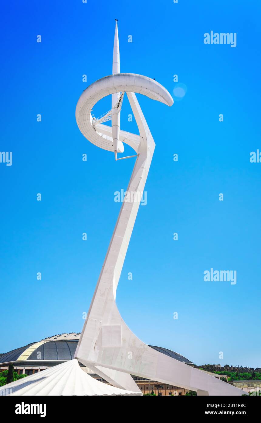 Montjuic Communications Tower in Barcelona city, also known as Telefonica tower Stock Photo