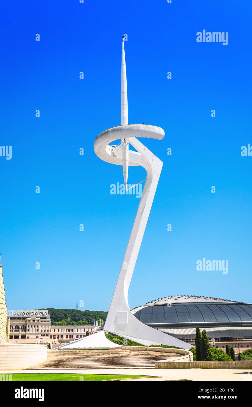 Montjuic Communications Tower over blue clear sky at summer day in Barcelona city Stock Photo