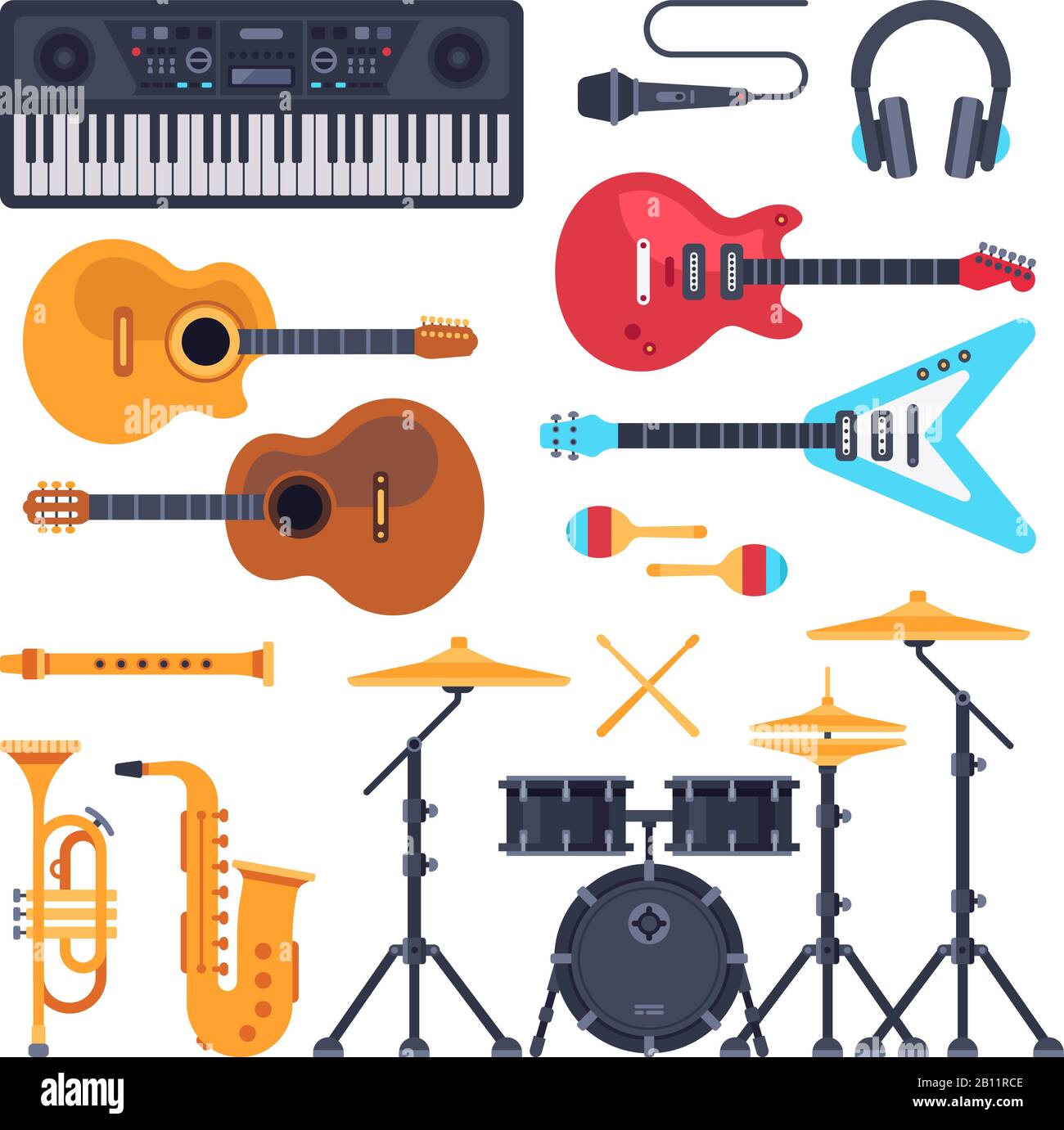 Music instruments. Orchestra drum, piano synthesizer and acoustic guitars. Jazz band musical instrument flat vector set Stock Vector