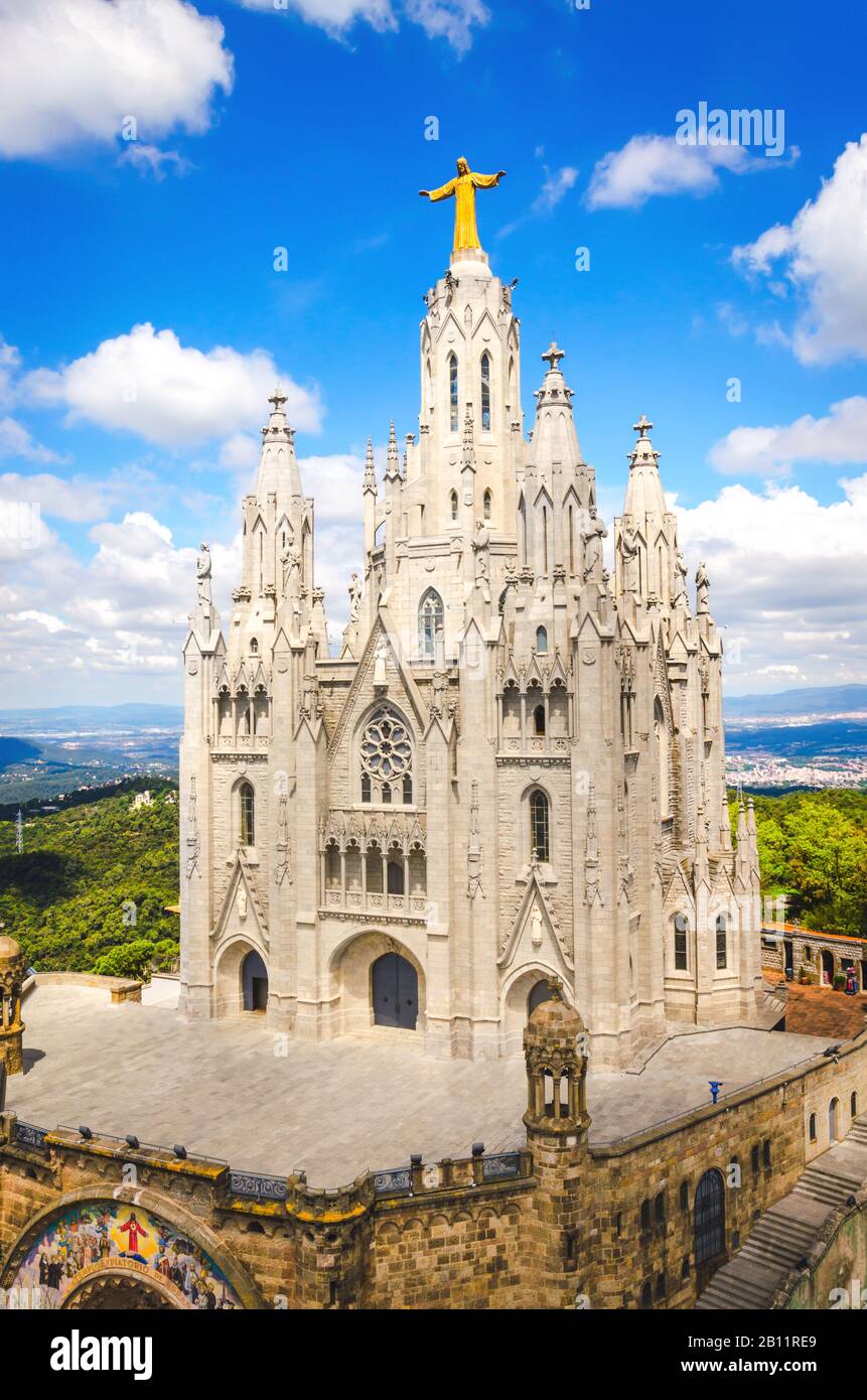 Temple of the Sacred Heart of Jesus on Tibidabo mountain in Barcelona without people; vertical photo Stock Photo