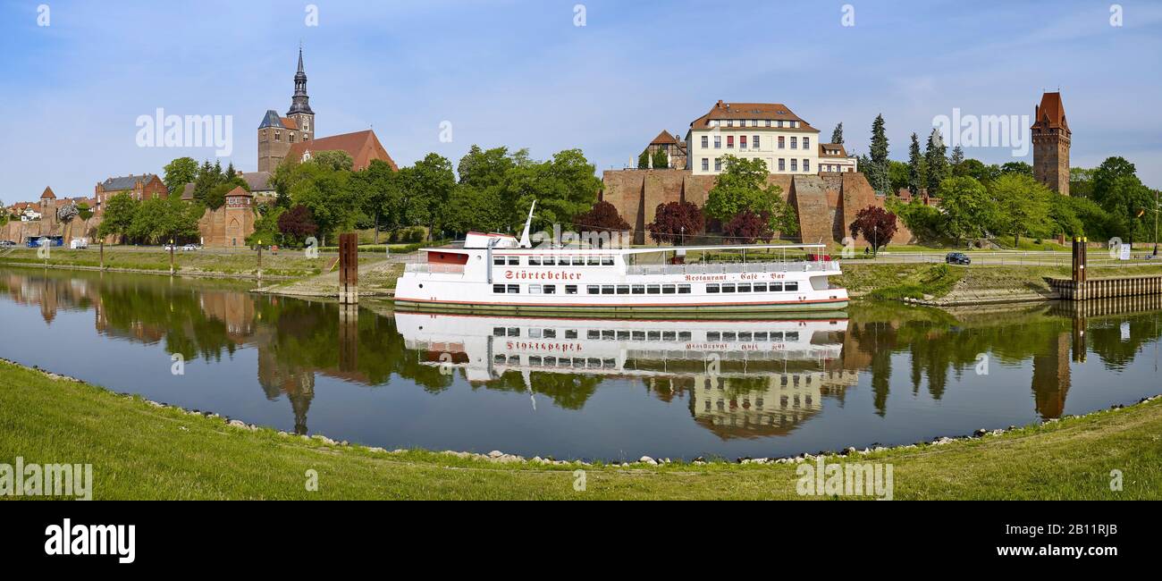 City view from the harbor with St. Stephanuskirche and castle, Tangermünde, Saxony-Anhalt, Germany Stock Photo