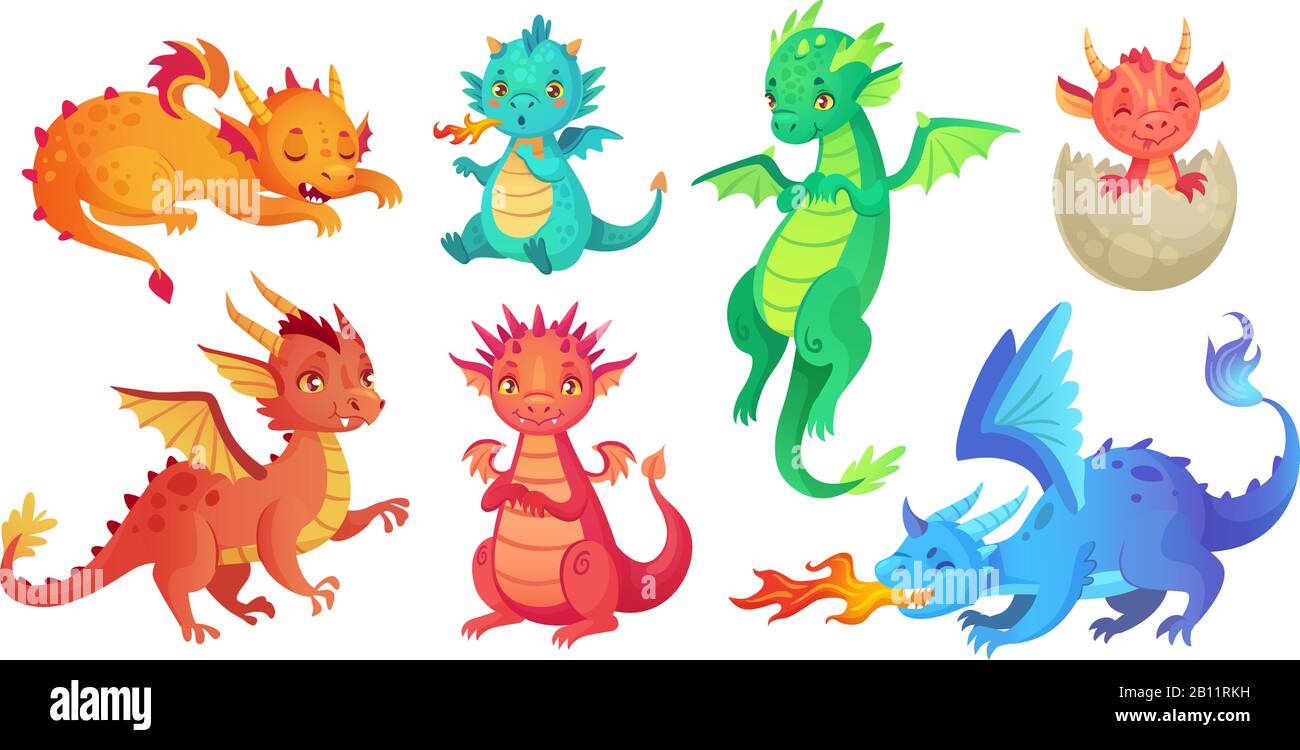 Dragon kids. Fantasy baby dragons, funny fairytale reptile and medieval legends fire breathing serpent cartoon isolated vector set Stock Vector