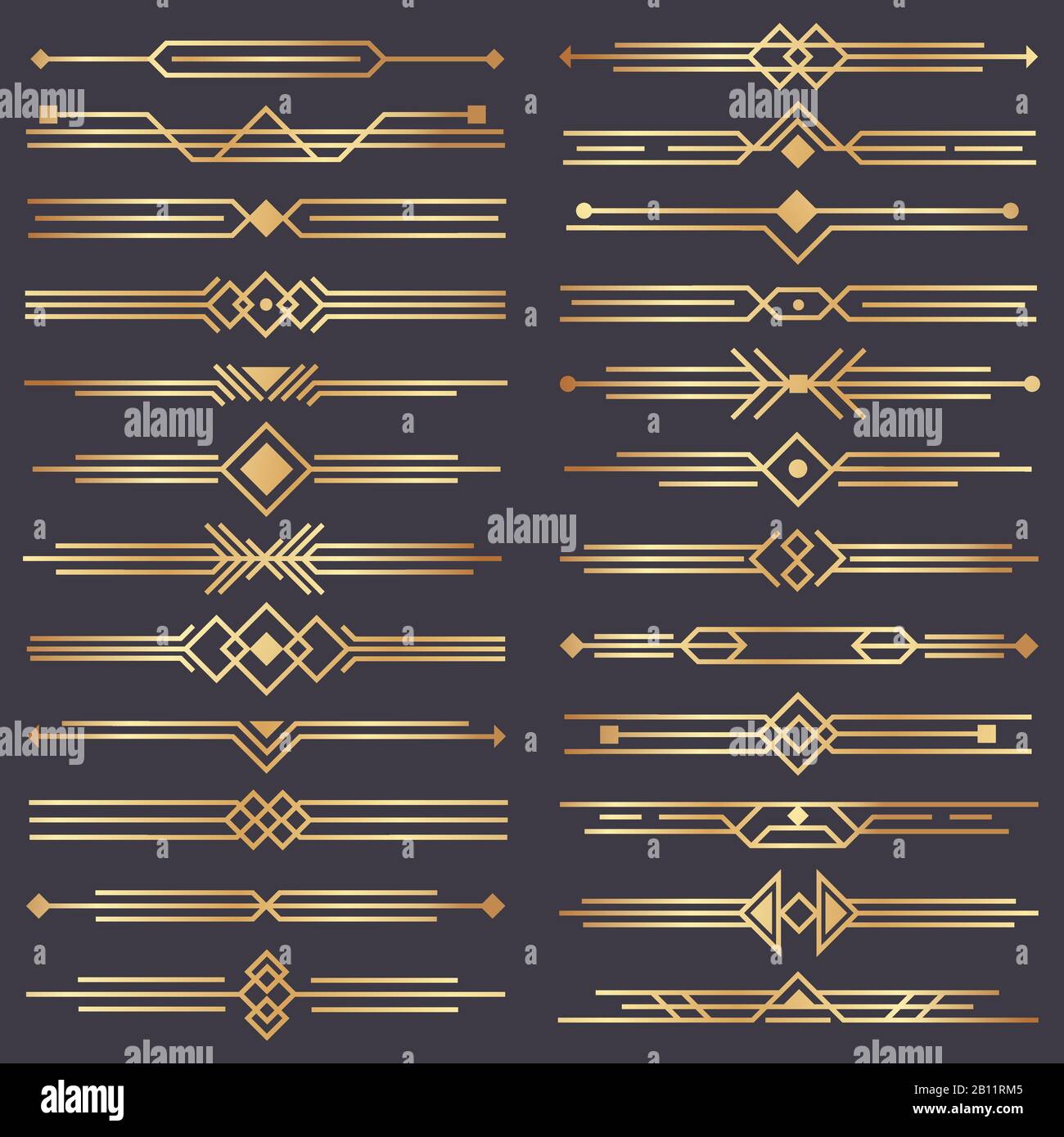 Art deco divider. Gold retro arts border, 1920s decorative ornaments and golden dividers borders vector design set Stock Vector