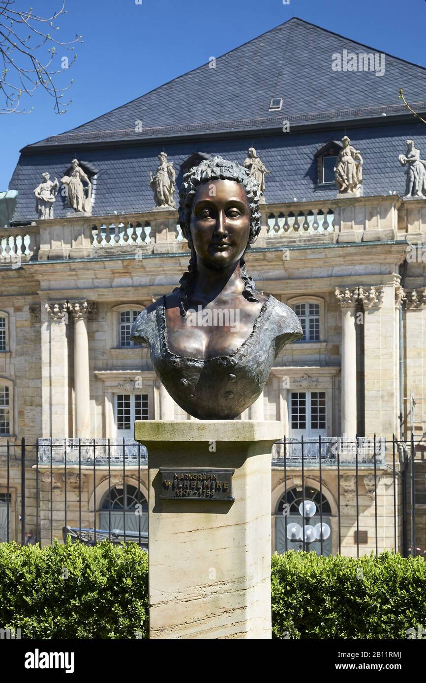 Bust of Margravine Wilhelmine opposite the Margravial Opera House, Bayreuth, Upper Franconia, Bavaria, Germany Stock Photo