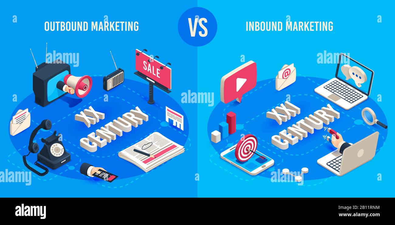 Outbound and inbound marketing. Isometric market advertising generations, online markets sales magnet and ads megaphone vector concept Stock Vector