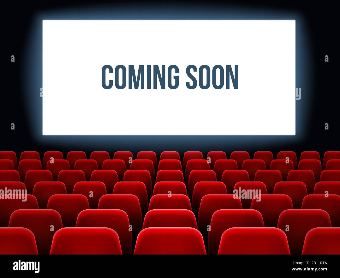 Cinema hall. Movie interior with coming soon text on white screen and empty red seats. Movie theater vector background Stock Vector