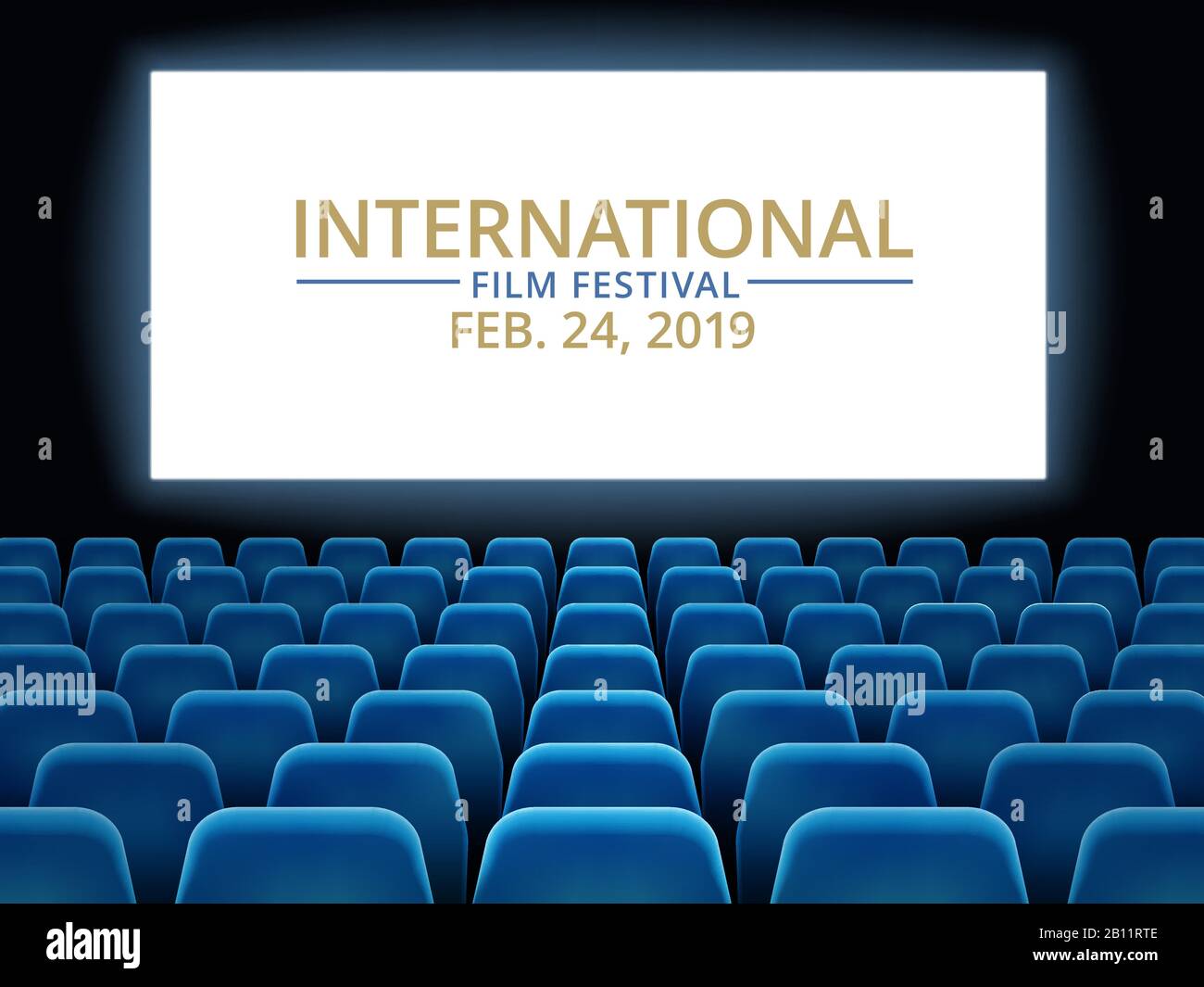 Film festival. Movie theater hall with white screen. Cinema international festival vector background Stock Vector