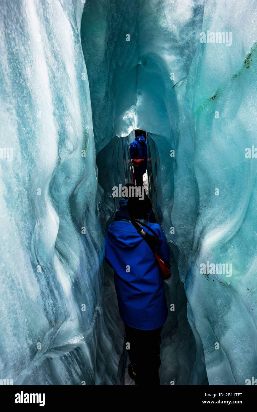 Ice hike in a crevasse on the Franz Josef Glacier, New Zealand Stock Photo