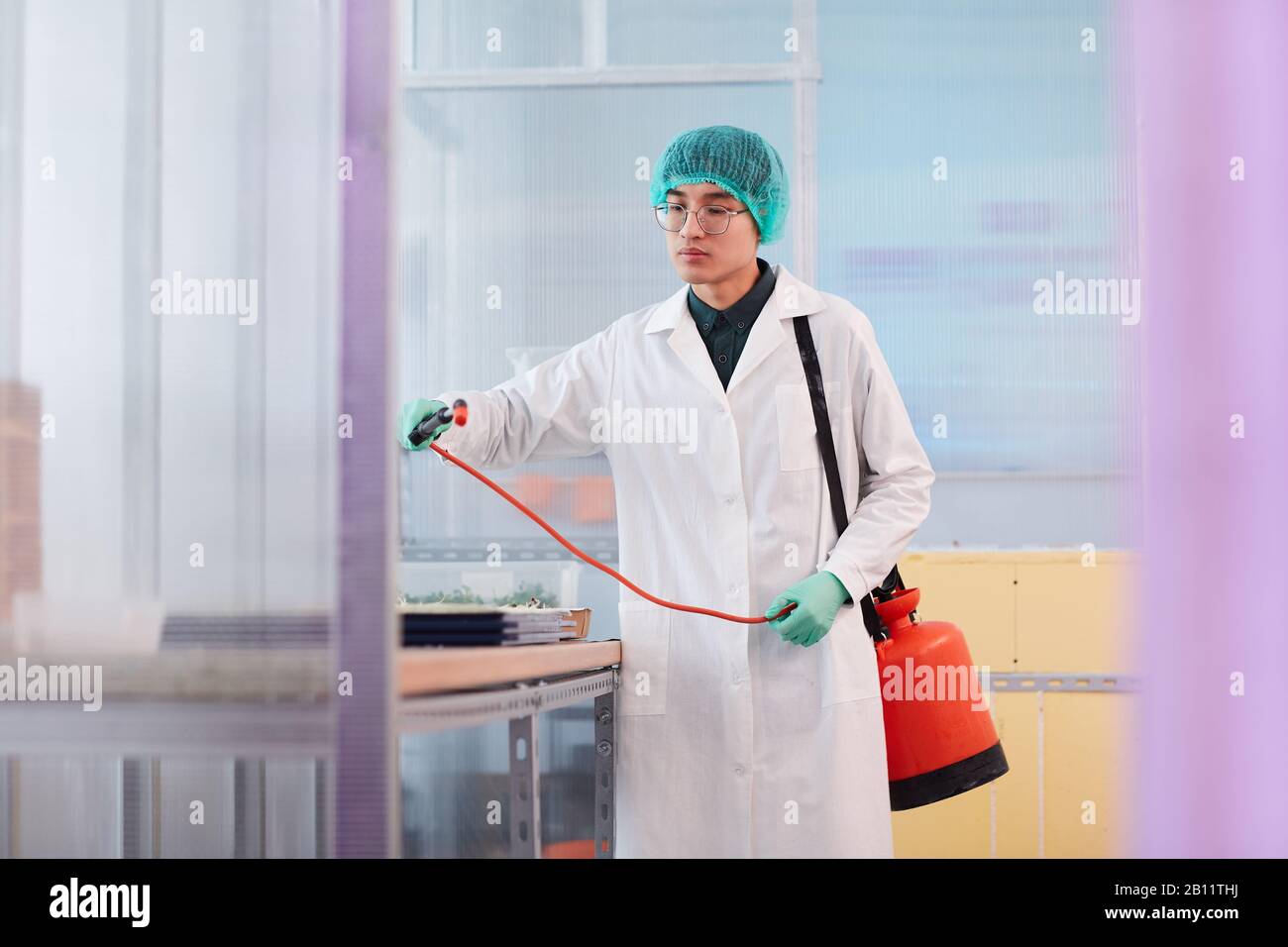 Asian young chemist in white coat standing near the table and processing seeds with chemicals in the lab Stock Photo