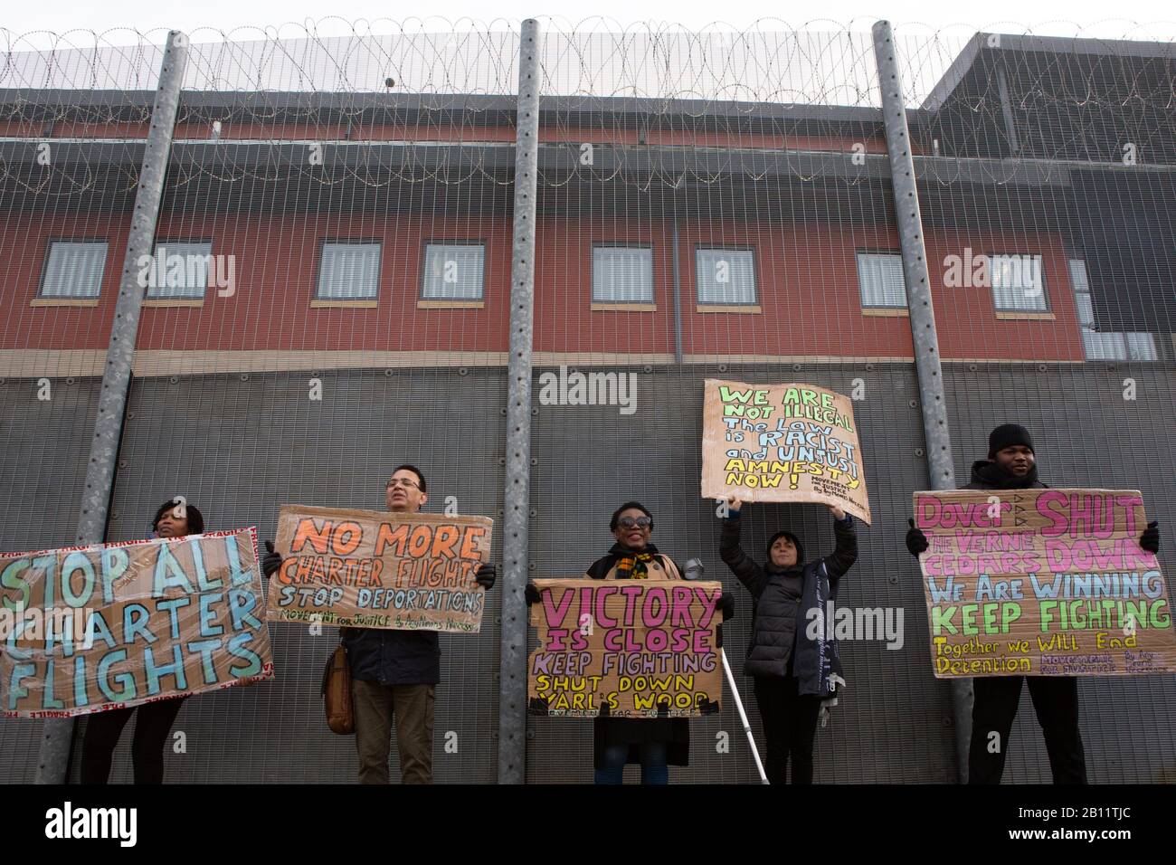 London, UK. 22nd Feb, 2020. Campaigners demonstrate out side Harmondsworth detention centre in support of several people who are faceing deportation to Jamaica. Credit: Thabo Jaiyesimi/Alamy Live News Stock Photo