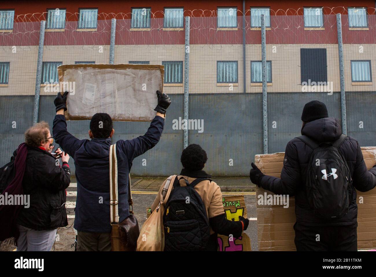 London, UK. 22nd Feb, 2020. Campaigners demonstrate out side Harmondsworth detention centre in support of several people who are faceing deportation to Jamaica. Credit: Thabo Jaiyesimi/Alamy Live News Stock Photo