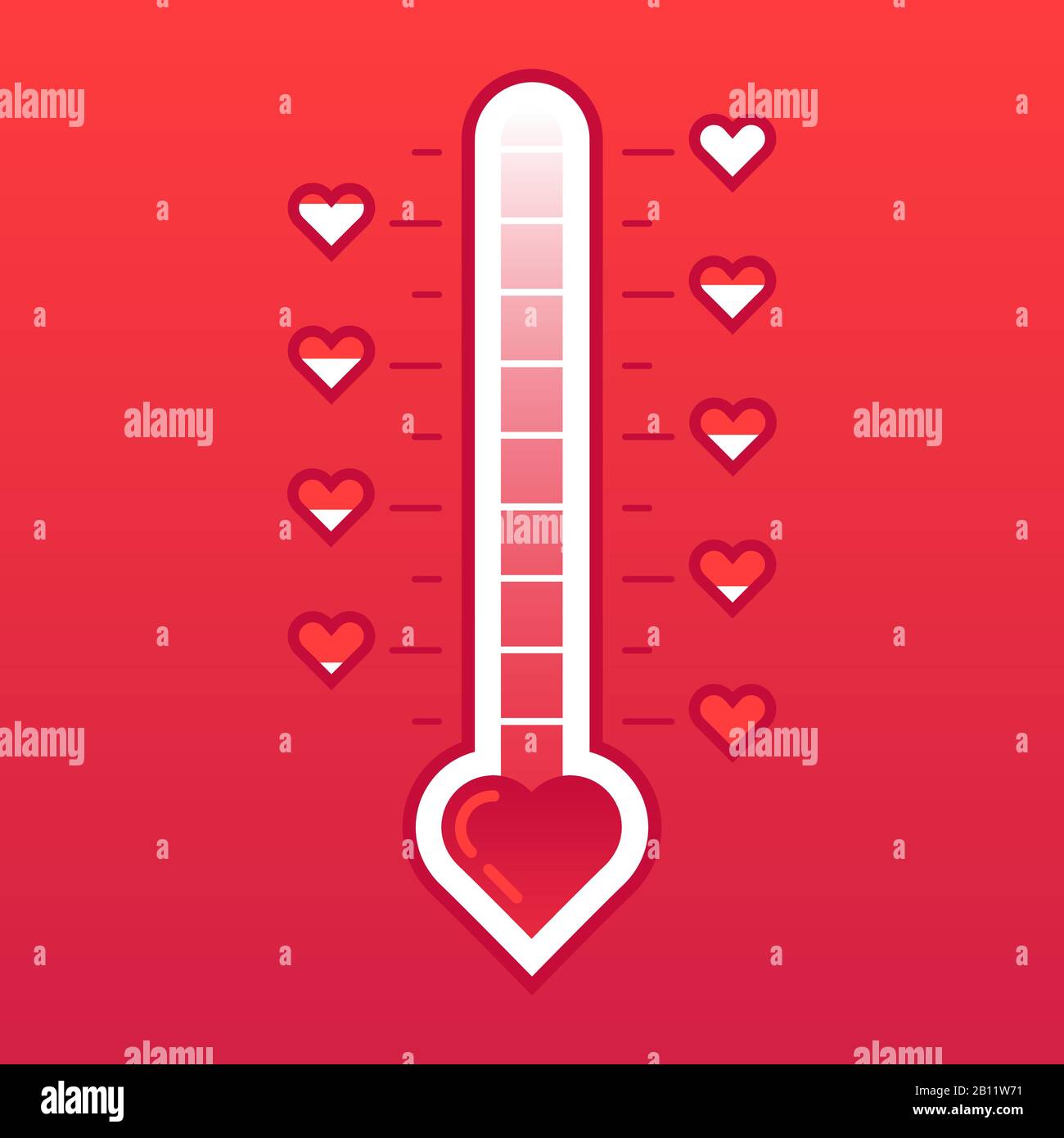 Love thermometer. Hot or frozen heart temperature counter valentines card. Love level meter vector concept illustration Stock Vector