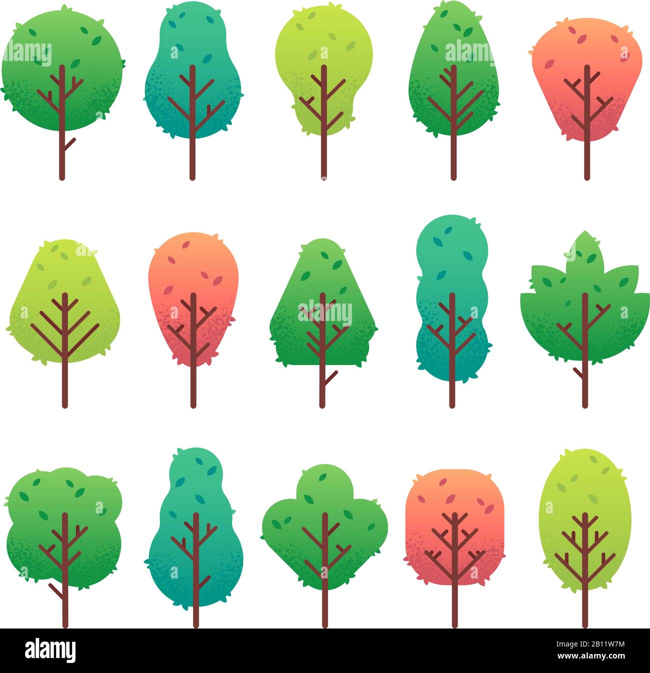 Flat Tree Set Flat trees set. Garden tree trunk, bush and pine. Nature green ...