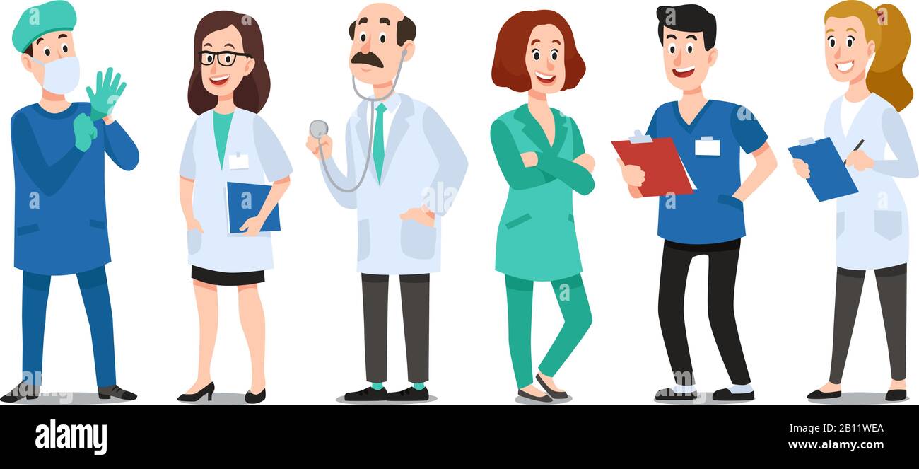 Medicine doctors. Medical physician, hospital nurse and doctor with stethoscope. Medic healthcare workers cartoon vector characters set Stock Vector