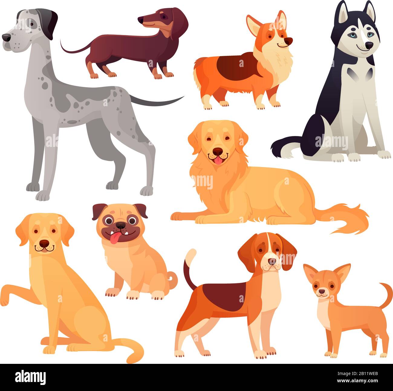 Dogs pets character. Labrador dog, golden retriever and husky. Cartoon vector isolated illustration set Stock Vector