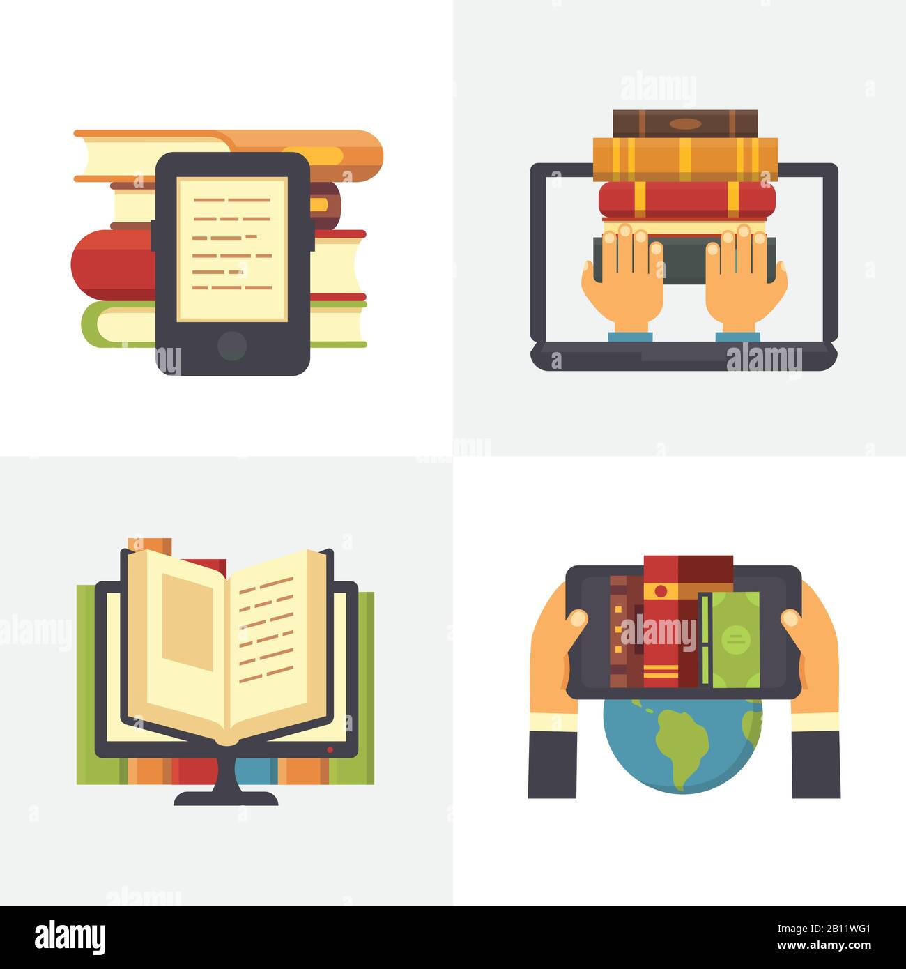 Flat online library. School library book access at laptop. Science