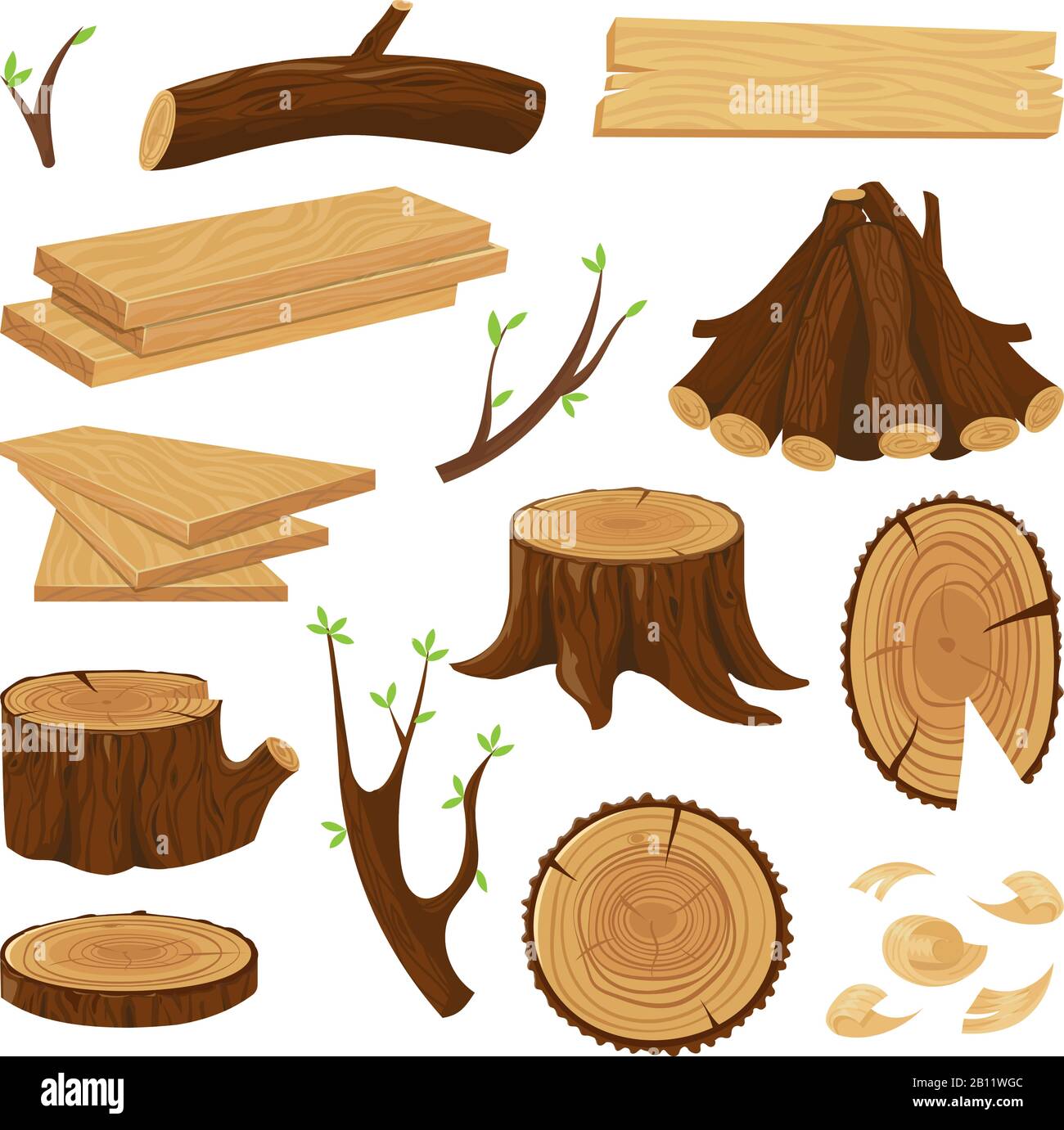 Timber wood trunk. Stacked firewood, logging tree trunks and pile of wood log isolated vector set Stock Vector